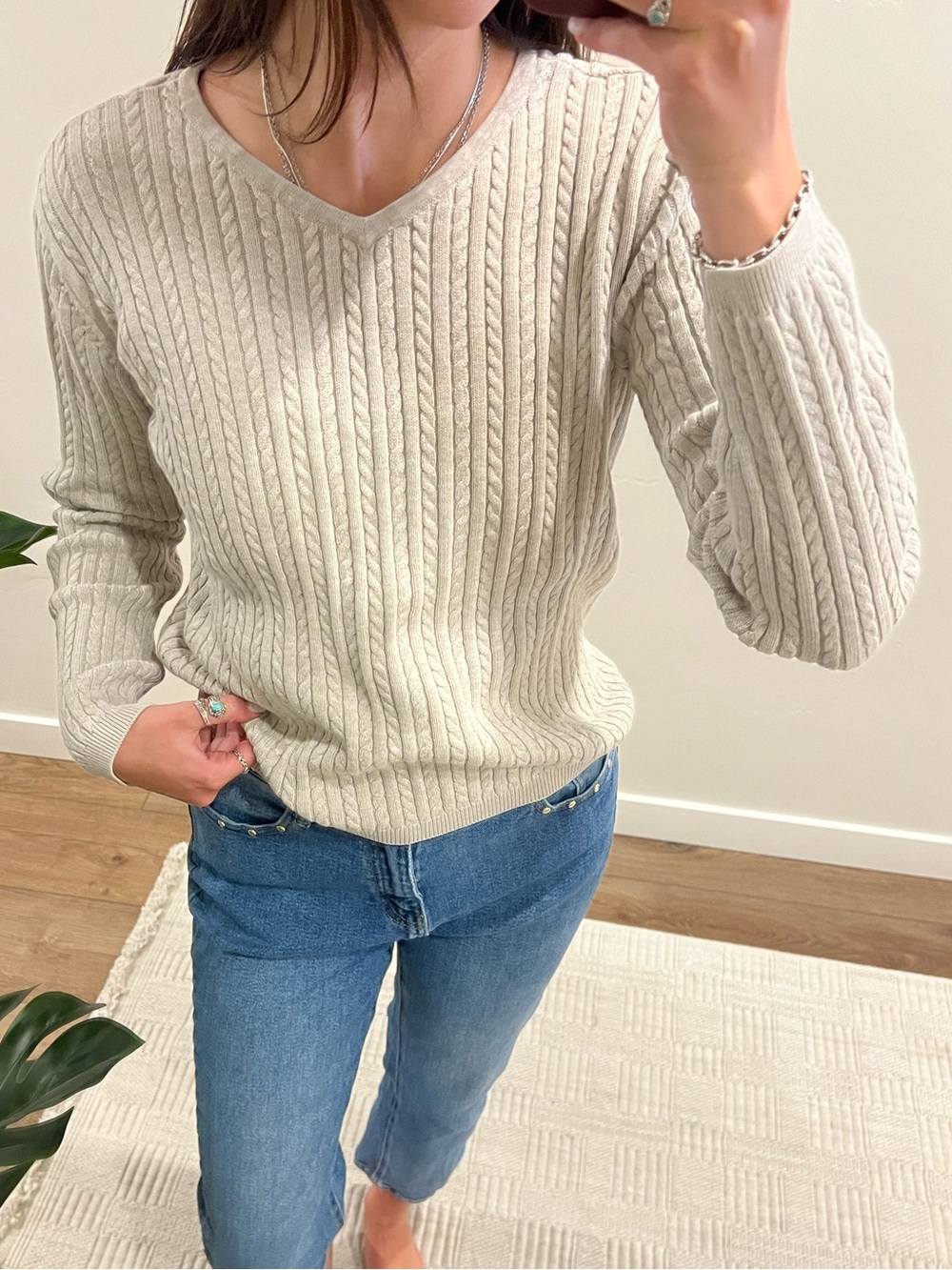 Vintage V-Neck Cable Knit Sweater - beige